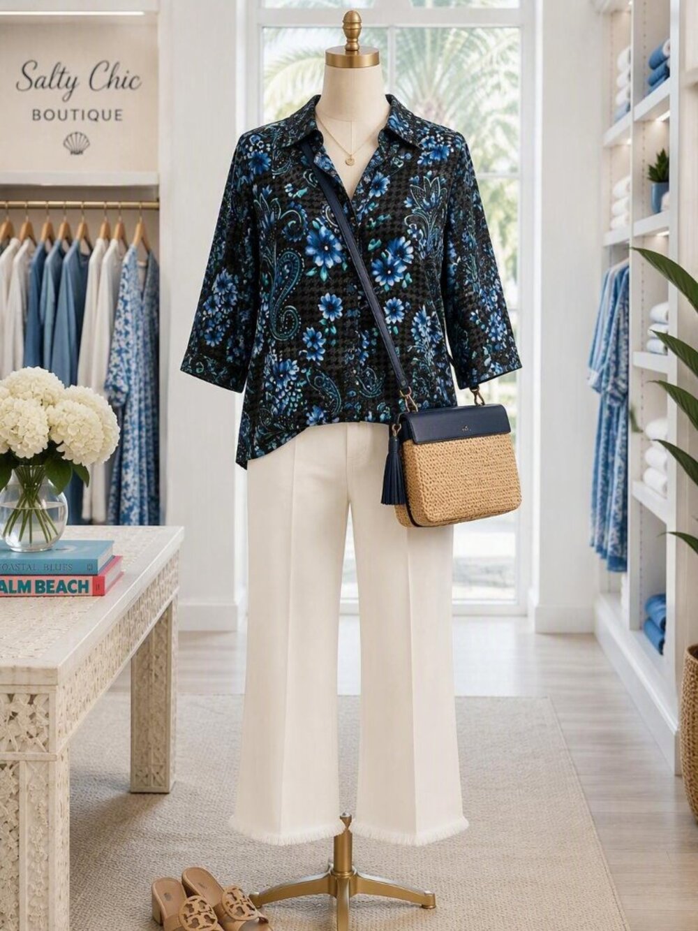 BonWorth Women’s Black and Blue Floral Paisley Button-Down Top